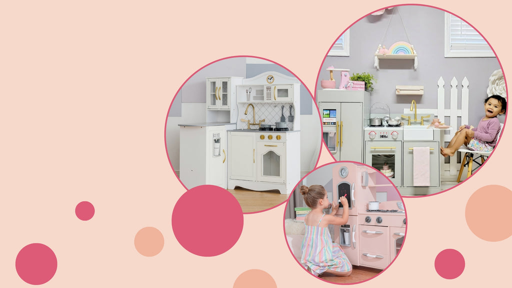 A pink banner with three dots of play kitchen images 